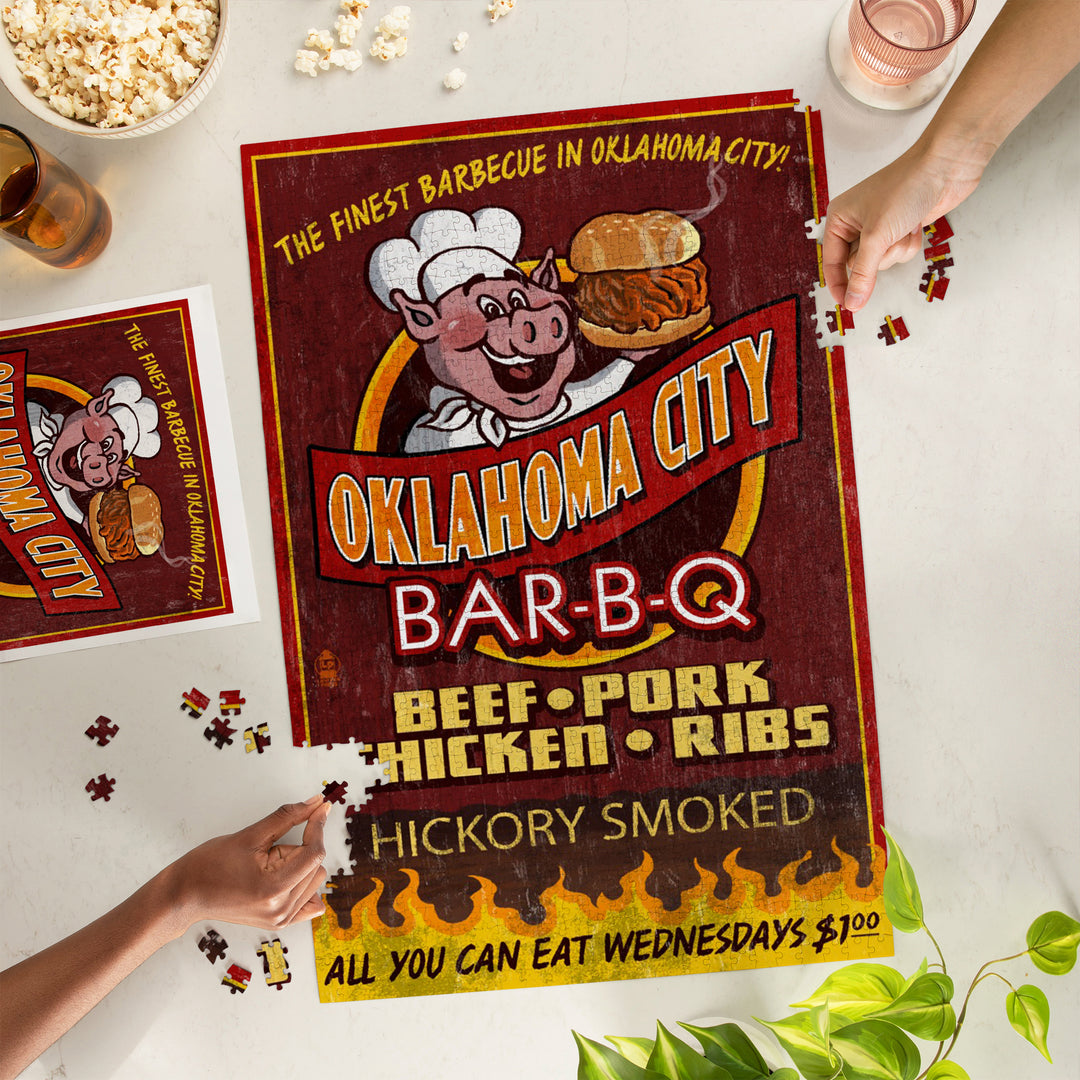 Oklahoma City, Oklahoma, BBQ Pig Vintage Sign, 1000 Piece Jigsaw Puzzle