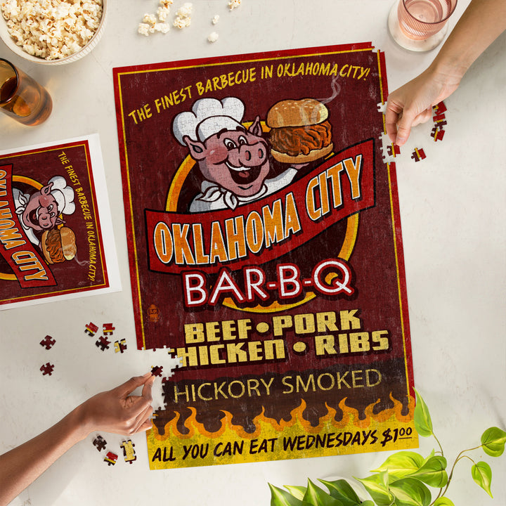 Oklahoma City, Oklahoma, BBQ Pig Vintage Sign, 1000 Piece Jigsaw Puzzle