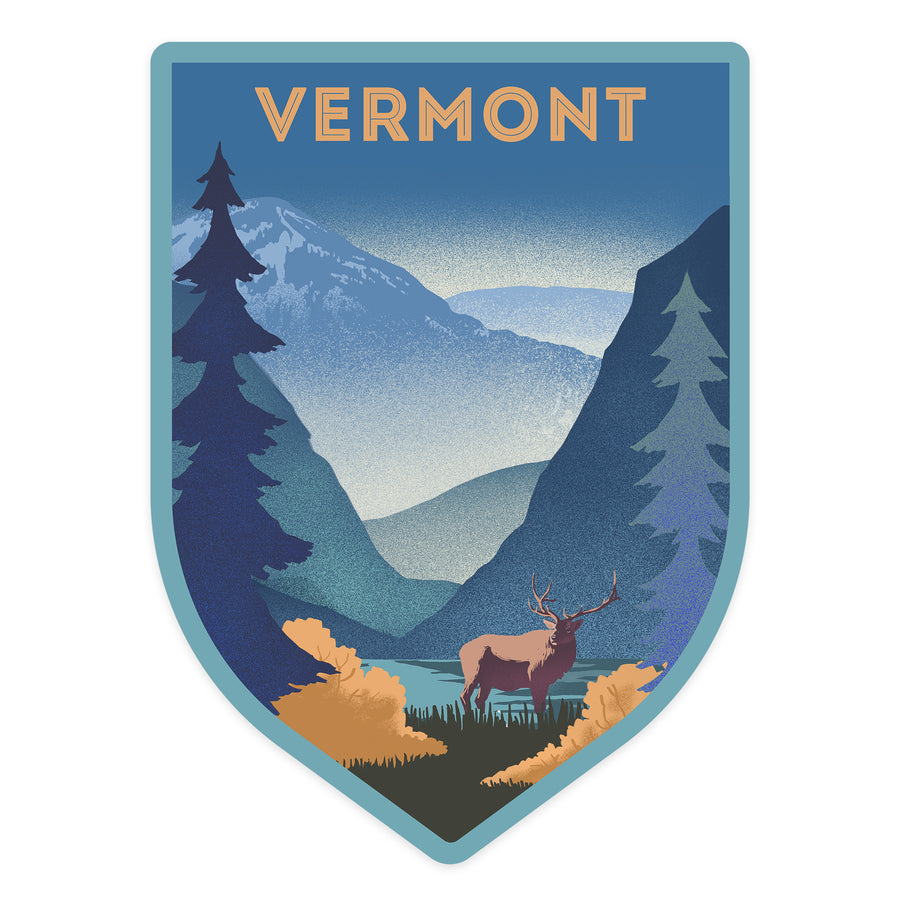 Vermont, Lithograph, Elk and Mountains Scene, Contour, Vinyl Sticker