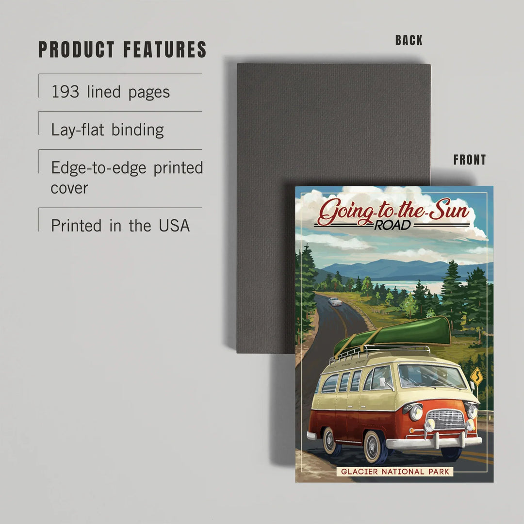 Lined 6x9 Journal, Glacier National Park, Montana, Sun Road, Camper Van and Lake, Lay Flat, 193 Pages, FSC paper