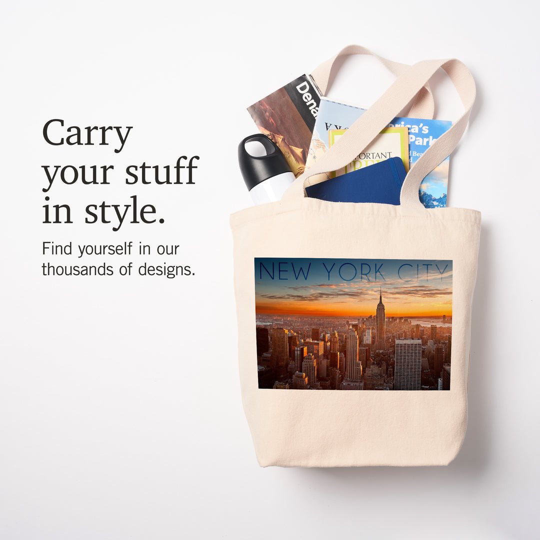 New York City, New York, Aerial Skyline at Sunset, Lantern Press Photography, Tote Bag
