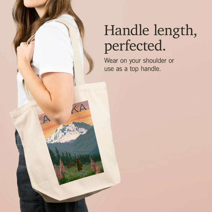 Alaska, Painterly, Grizzly Bear and Spring Flowers, Tote Bag