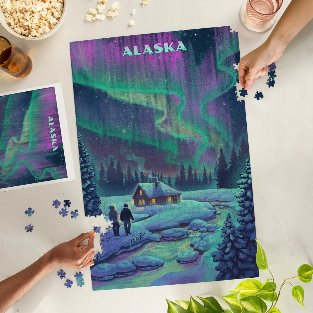 Alaska, Lithograph, Northern Lights and Cabin, Jigsaw Puzzle