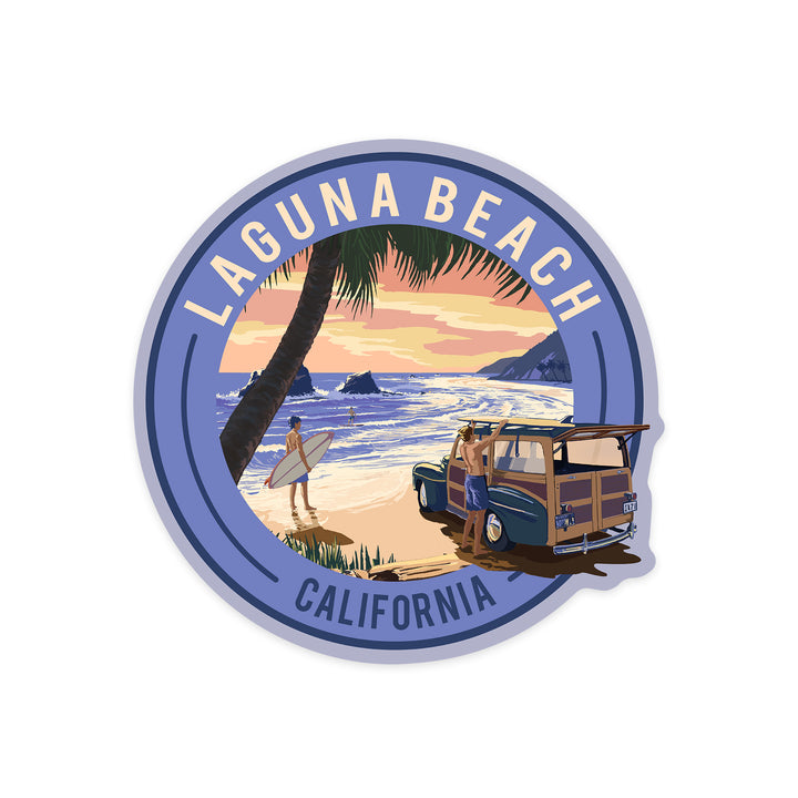 Laguna Beach, California, Woody & Surfers on Beach, Contour, Lantern Press Artwork, Vinyl Sticker