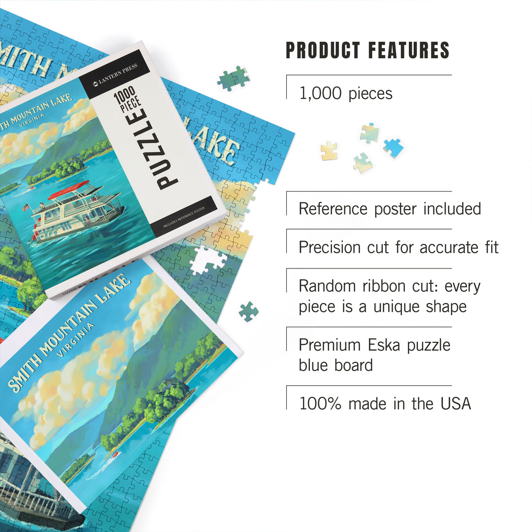 Smith Mountian Lake, Virginia, Oil Painting, Houseboat on Smith Mountain Lake, 1000 Piece Jigsaw Puzzle