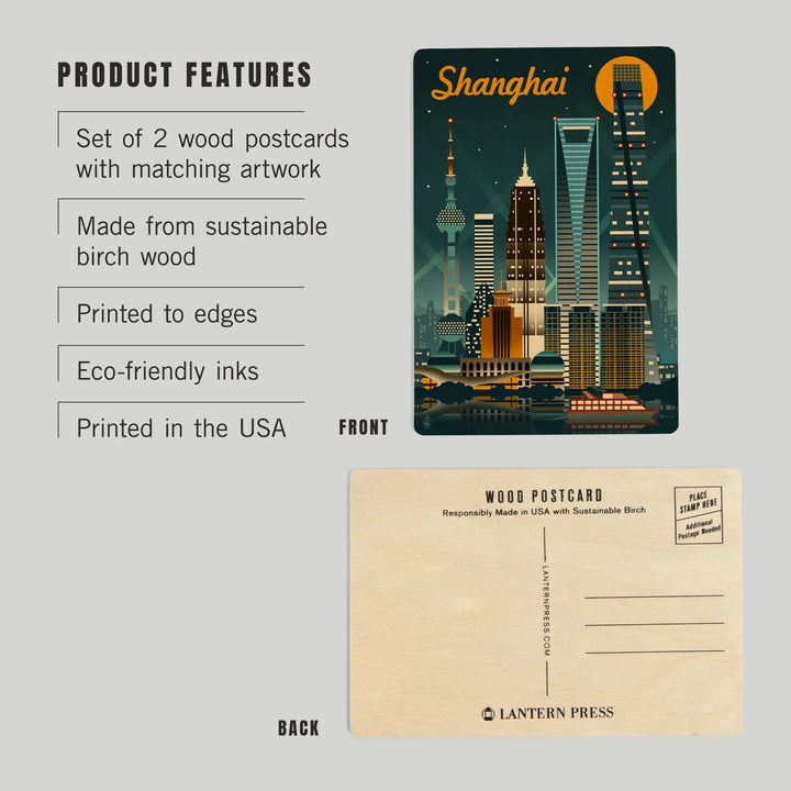 Shanghai, China, Retro Skyline, Wood Sign and Postcards