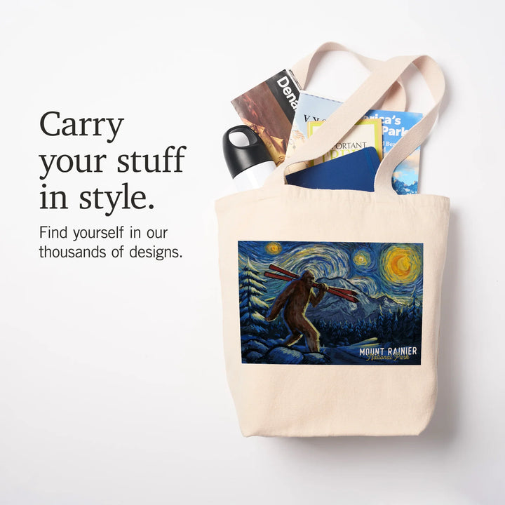 Mount Rainier, Washington, Starry Night, Winter Bigfoot with Skis, Tote Bag