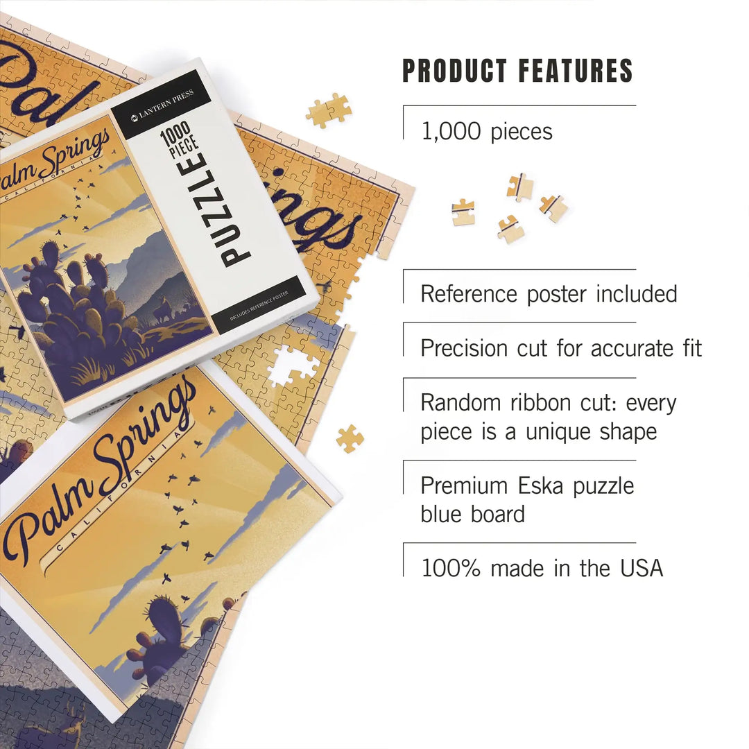 Palm Springs, California, Lithograph, Cactus and Desert Scene, Jigsaw Puzzle