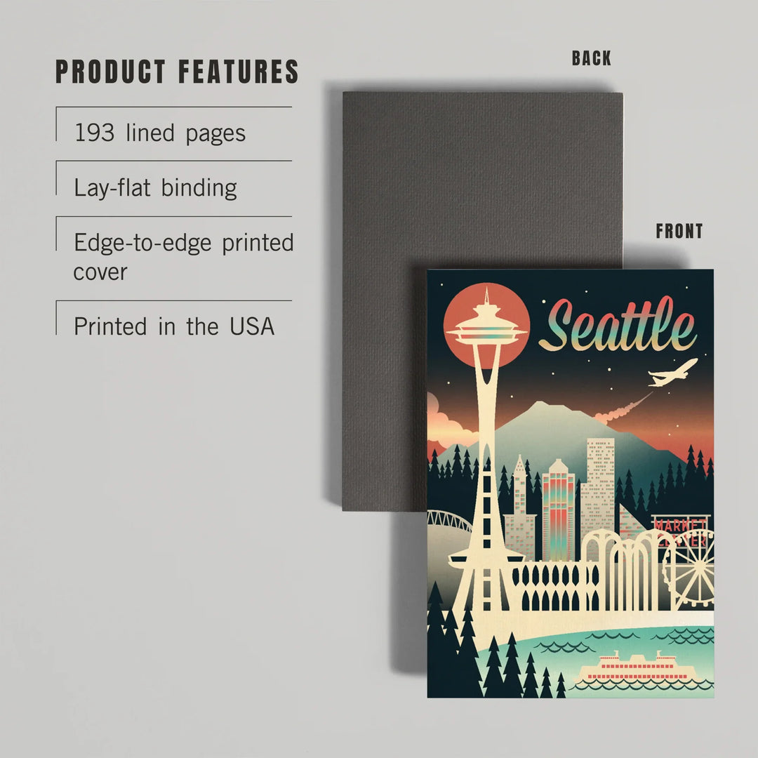 Lined 6x9 Journal, Seattle, Washington, Retro Skyline Chromatic Series, Lay Flat, 193 Pages, FSC paper