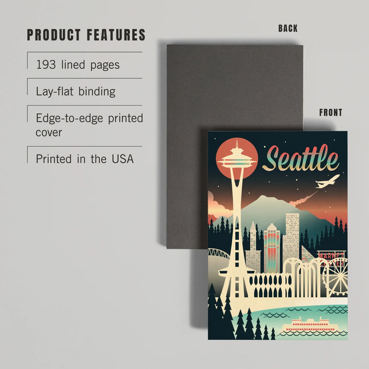 Lined 6x9 Journal, Seattle, Washington, Retro Skyline Chromatic Series, Lay Flat, 193 Pages, FSC paper