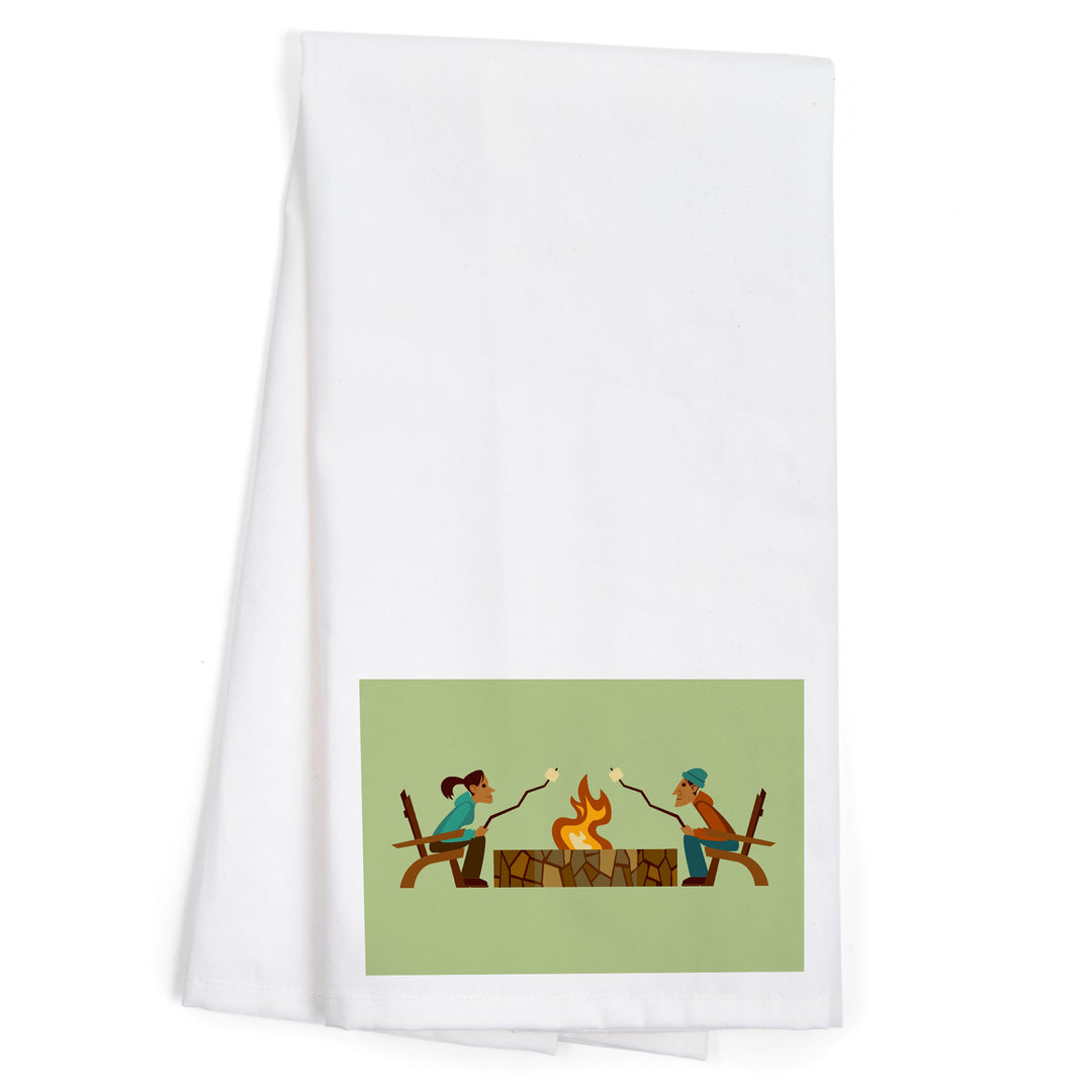 Campfire, Roasting Marshmallows, Geometric, Contour, Organic Cotton Kitchen Tea Towels