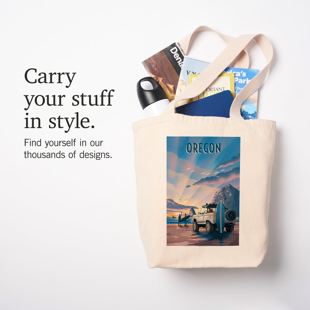 Oregon, Lithograph, Surfers on Beach, Tote Bag