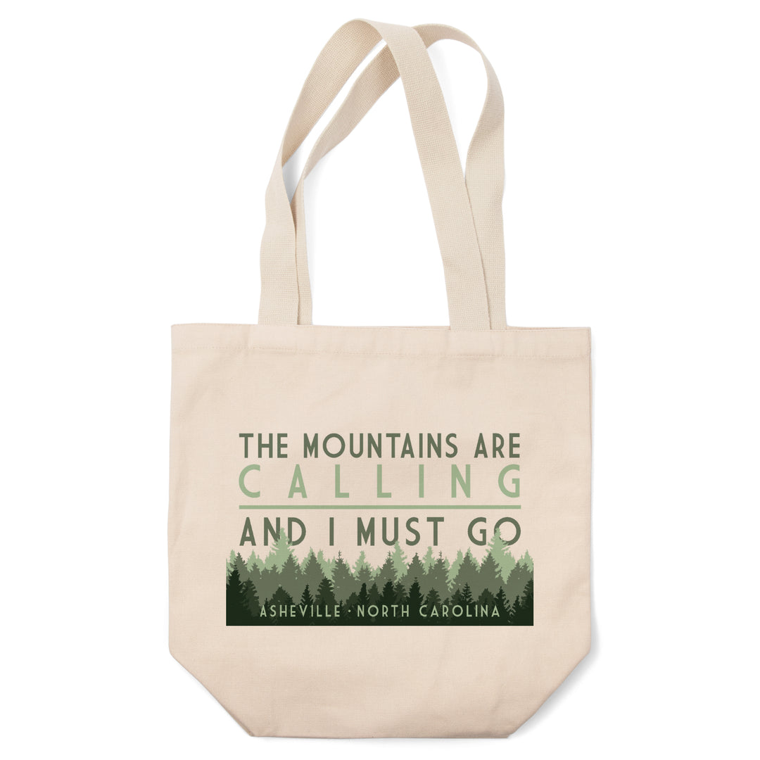 Asheville, North Carolina, The Mountains Are Calling, Pine Trees, Lantern Press Artwork, Tote Bag