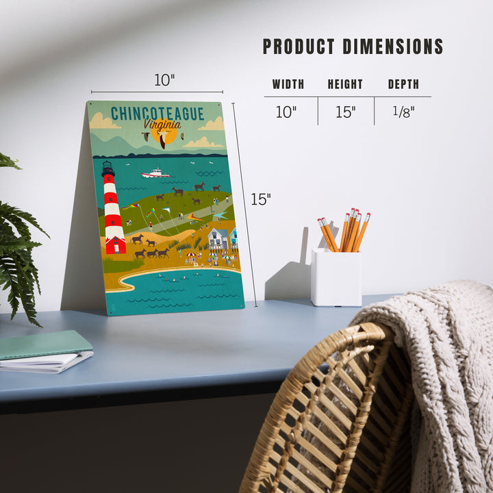 Chinconteague, Virginia, Geometric, Beach, Ocean, and Lighthouse, Wood Sign and Postcards