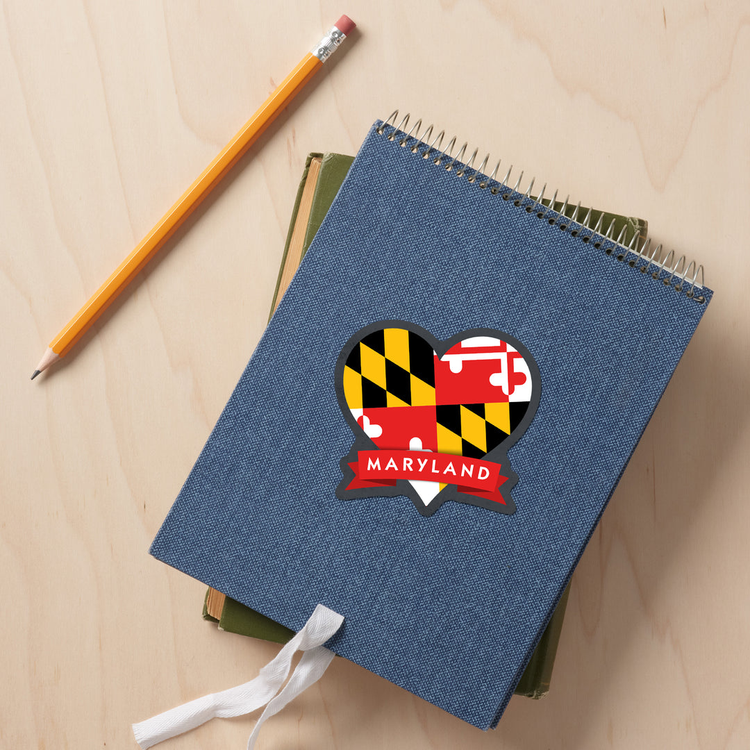 Maryland, Heart, State and Flag Design, Contour, Lantern Press Artwork, Vinyl Sticker