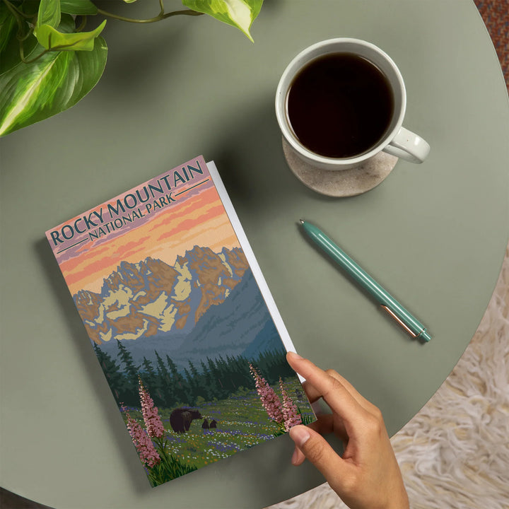 Lined 6x9 Journal, Rocky Mountain National Park, Colorado, Bear and Cubs with Flowers, Lay Flat, 193 Pages, FSC paper