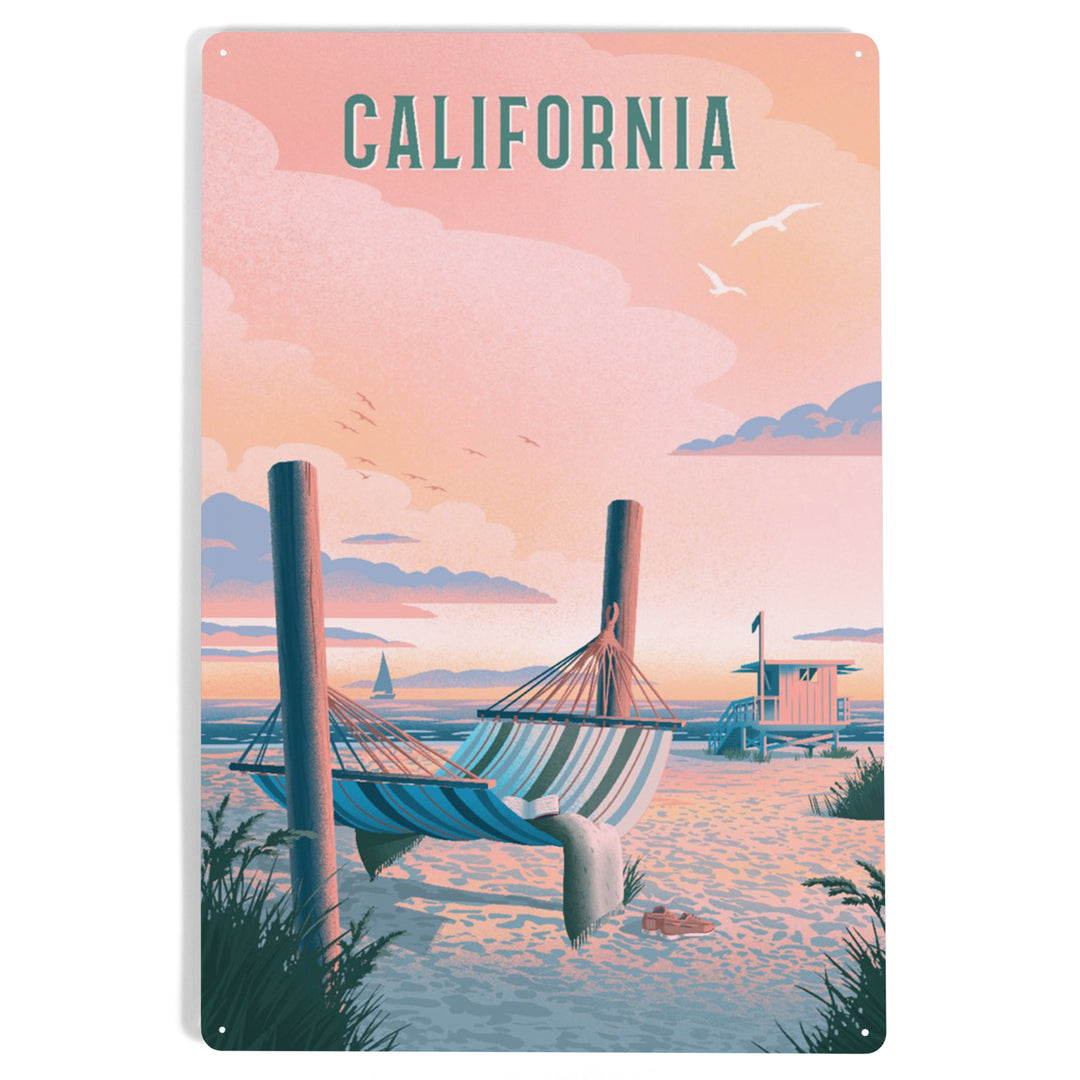 California, Lithograph, Salt Air, No Cares, Hammock on Beach, Metal Signs