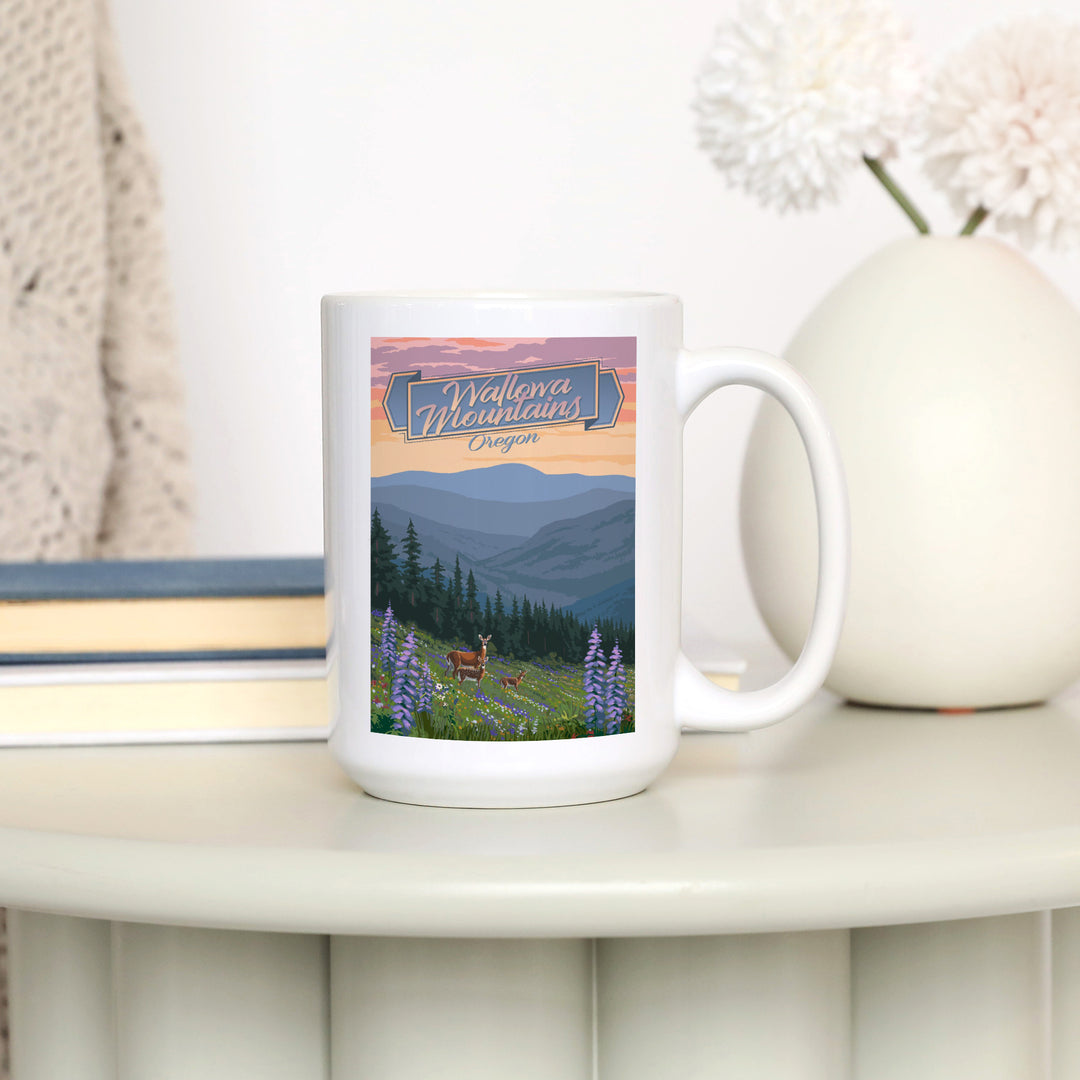 Wallowa Mountains, Oregon, Deer & Spring Flowers, Lantern Press Artwork, Ceramic Mug