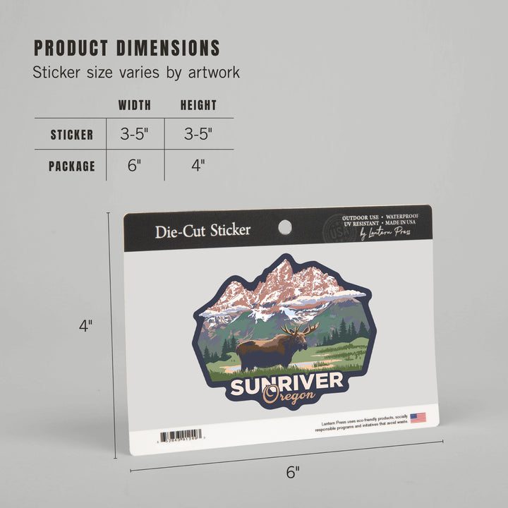 Sunriver, Oregon, Moose & Mountains, Contour, Lantern Press Artwork, Vinyl Sticker