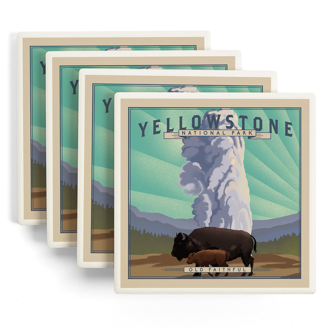 Yellowstone National Park, Wyoming, Old Faithful and Bison, Lithograph National Park Series, Coasters