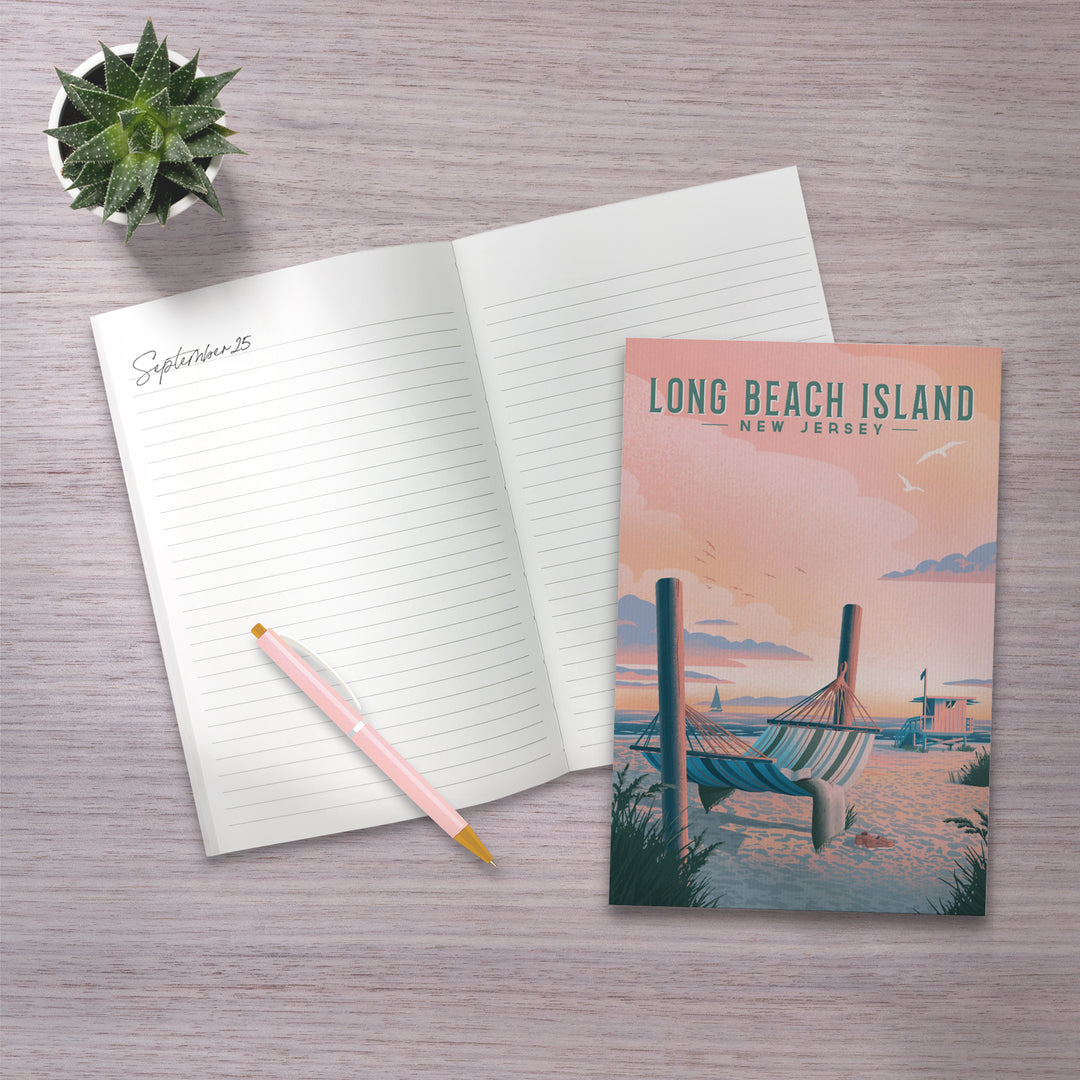 Lined 6x9 Journal, Long Beach Island, New Jersey, Lithograph, Hammock on Beach, Lay Flat, 193 Pages, FSC paper