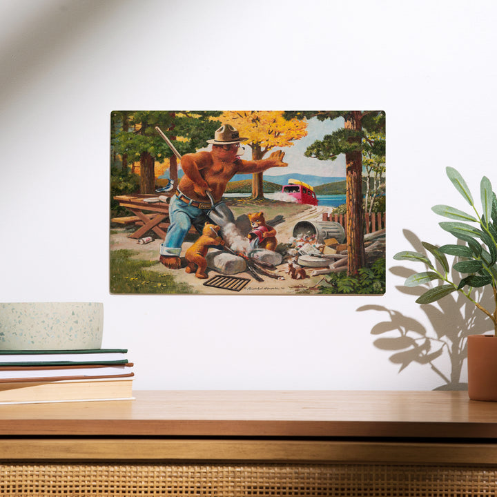 Smokey Bear, Extinguishing Left Campfire, Wood Sign and Postcards
