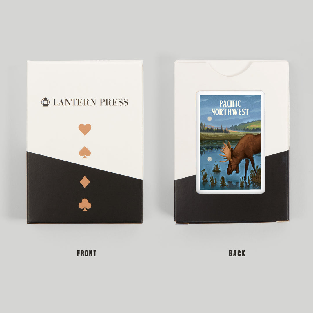 Playing Cards, Pacific Northwest, Lithograph, Reflection Pond and Bull Moose, 52 Card Deck with Jokers in Box, Unique Art