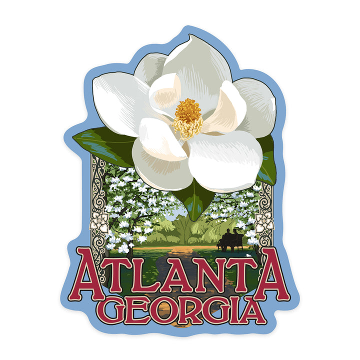 Atlanta, Georgia, Single White Magnolia, Contour, Lantern Press Artwork, Vinyl Sticker