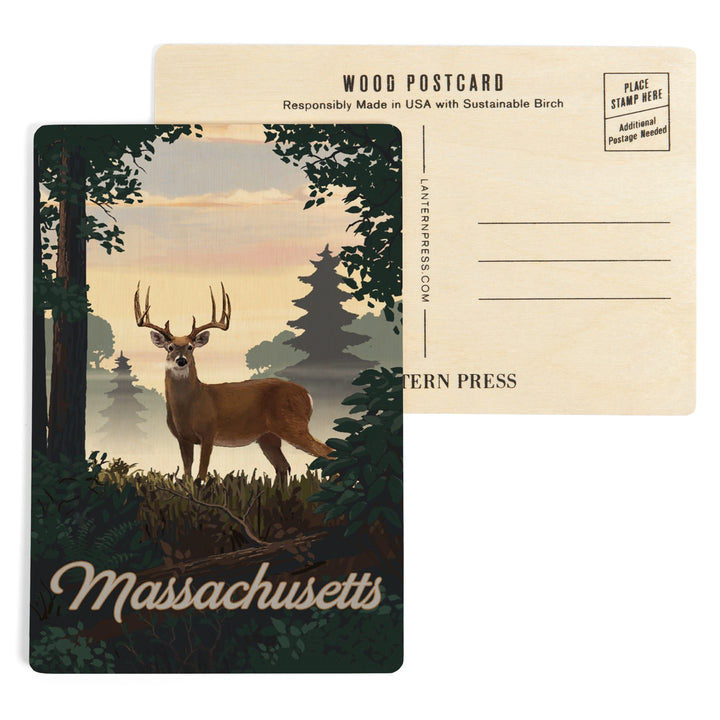 Massachusetts, Painterly, Deer and Sunrise, Wood Sign and Postcards