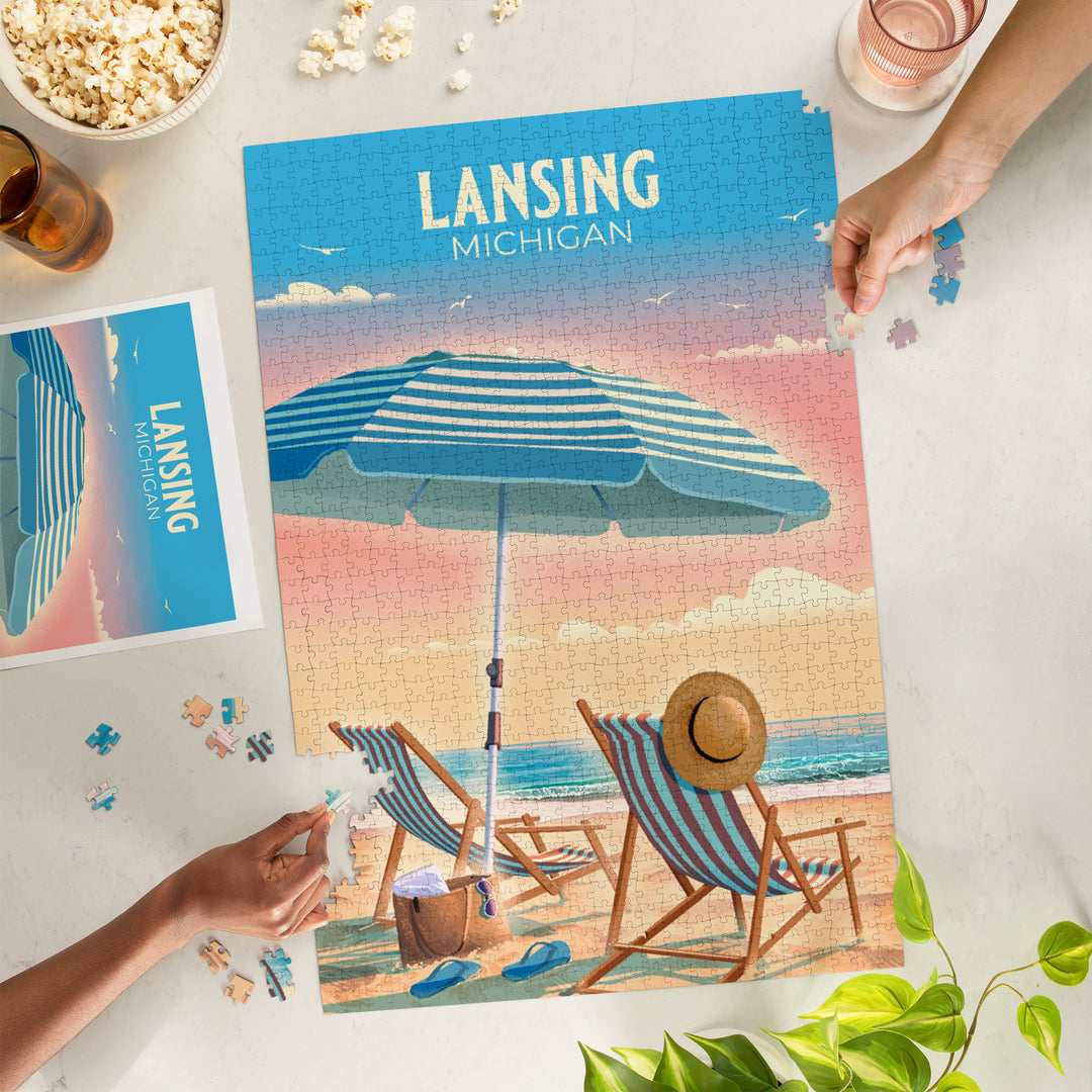 Lansing, Michigan, Lithograph, Beach Chair and Umbrella, Jigsaw Puzzle