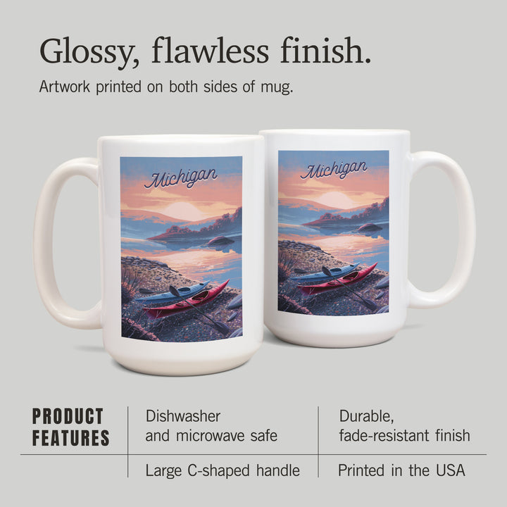 Michigan, Glassy Sunrise, Kayak, Ceramic Mug