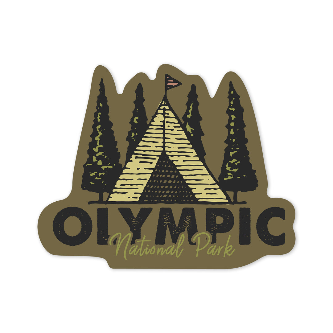 Olympic National Park, Washington, Tent & Trees, Contour, Lantern Press Artwork, Vinyl Sticker