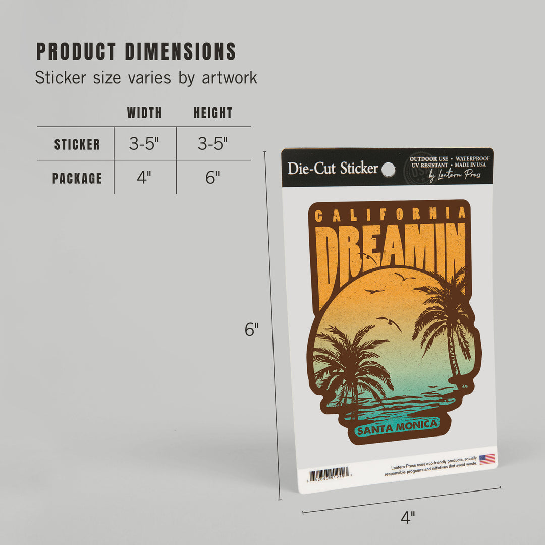 Santa Monica, California, California Dreamin', Sunset and Palms, Brown, Contour Press, Vinyl Sticker