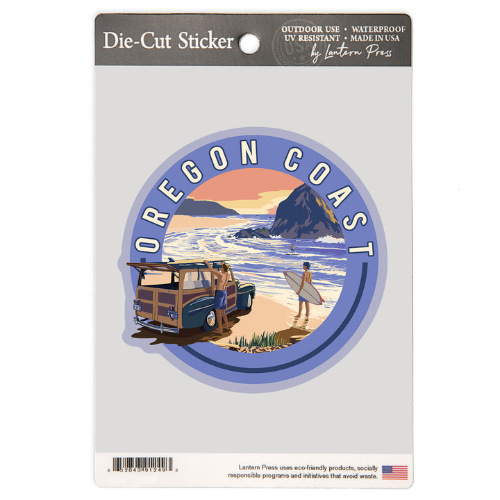 Oregon Coast, Woody with Haystack Rock, Vinyl Sticker