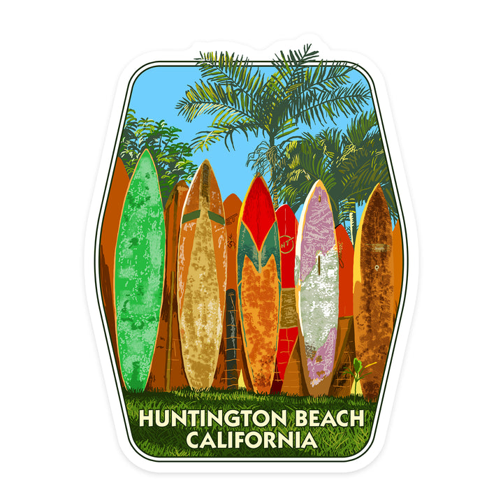 Huntington Beach, California, Surfboard Fence, Contour, Lantern Press Artwork, Vinyl Sticker