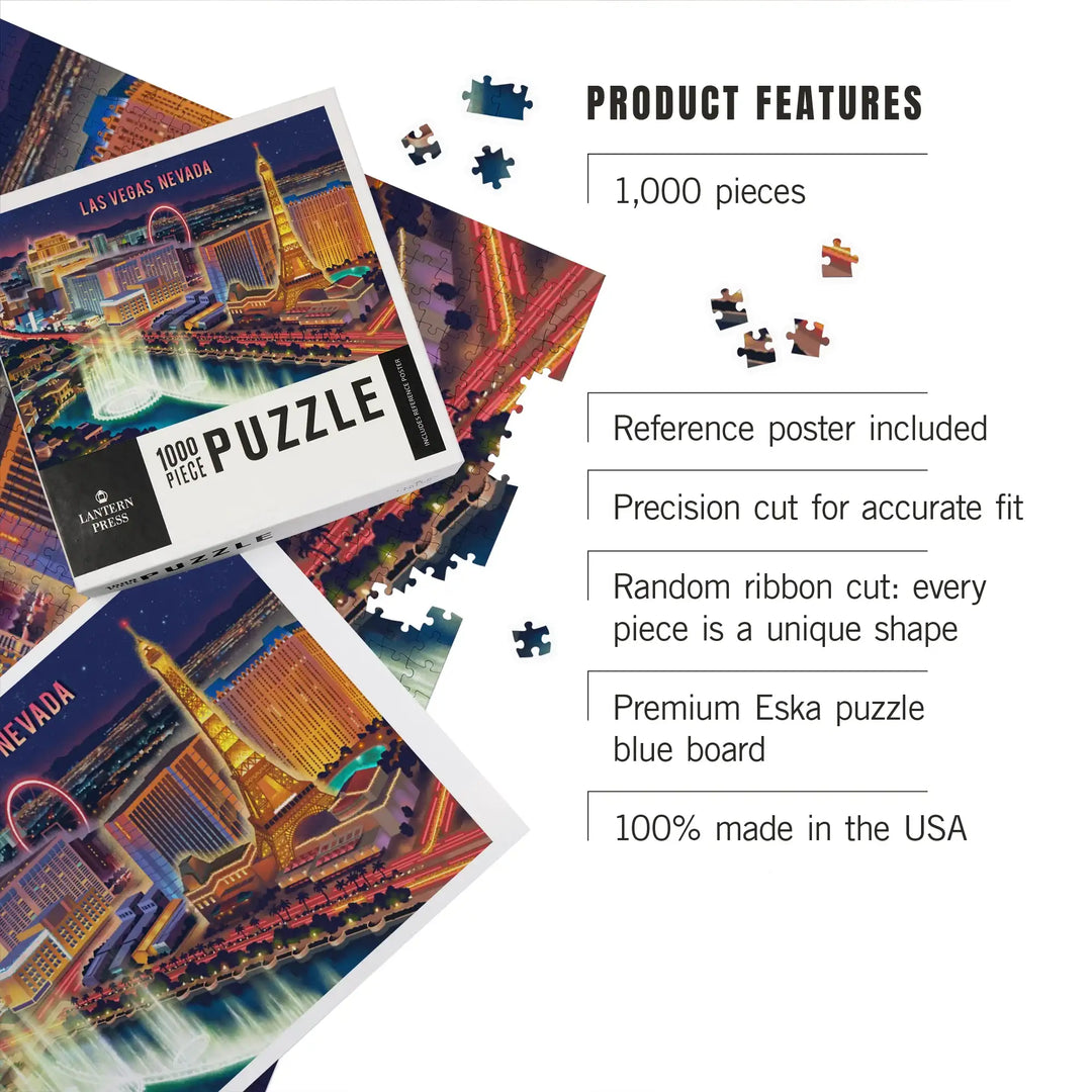 Las Vegas, Nevada, Lithograph, Vegas Strip at Night, Jigsaw Puzzle