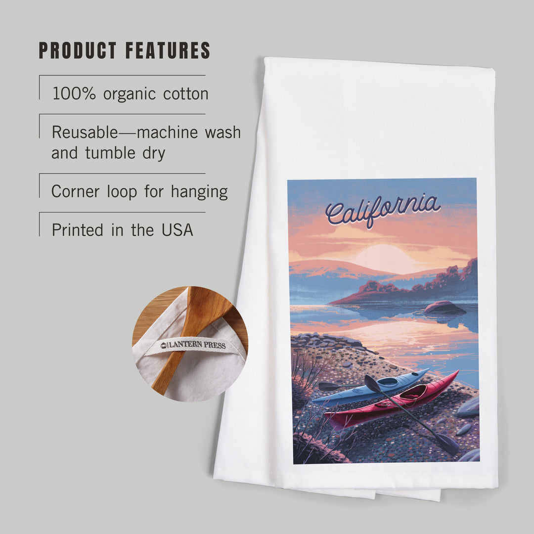 California, Glassy Sunrise, Kayak, Organic Cotton Kitchen Tea Towels