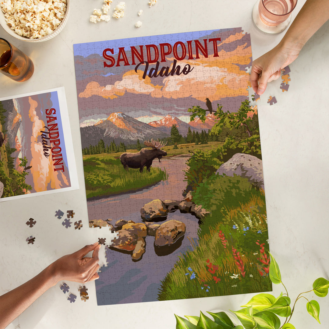 Sandpoint, Idaho, Painterly, Moose and Mountain at Sunset, Jigsaw Puzzle