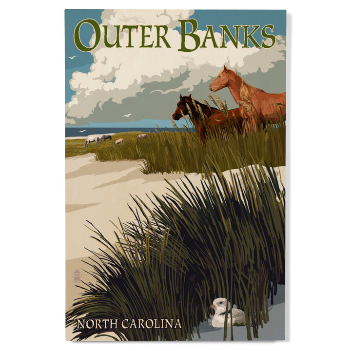 Outer Banks, North Carolina, Horses & Dunes, Lantern Press Artwork, Wood Signs and Postcards