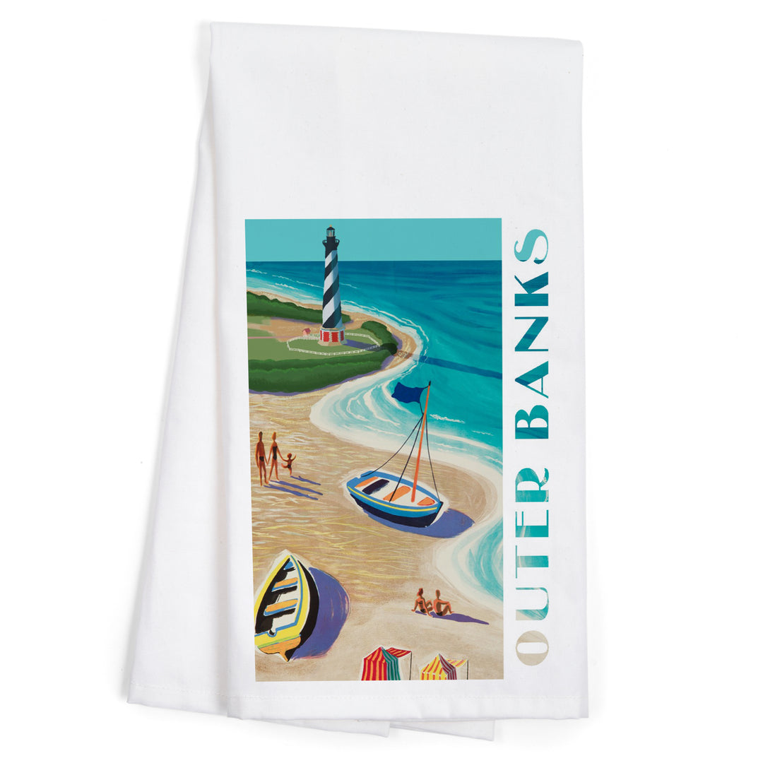 Outer Banks, North Carolina, Vintage Beach Scene, Organic Cotton Kitchen Tea Towels