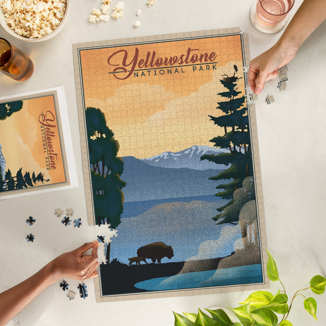 Yellowstone National Park, Bison and Lake, Lithograph National Park Series, Jigsaw Puzzle