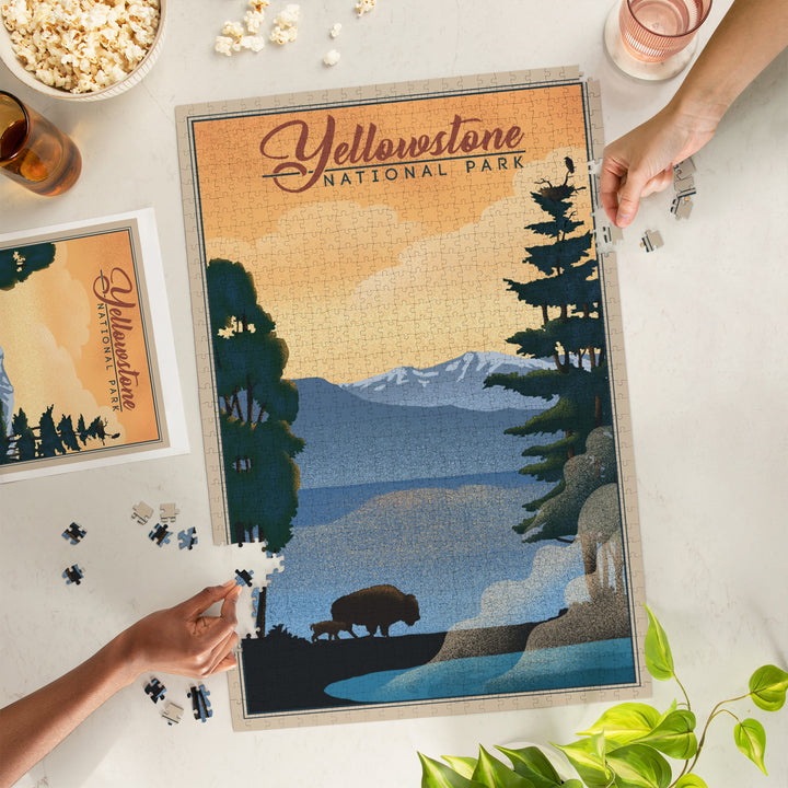 Yellowstone National Park, Bison and Lake, Lithograph National Park Series, Jigsaw Puzzle
