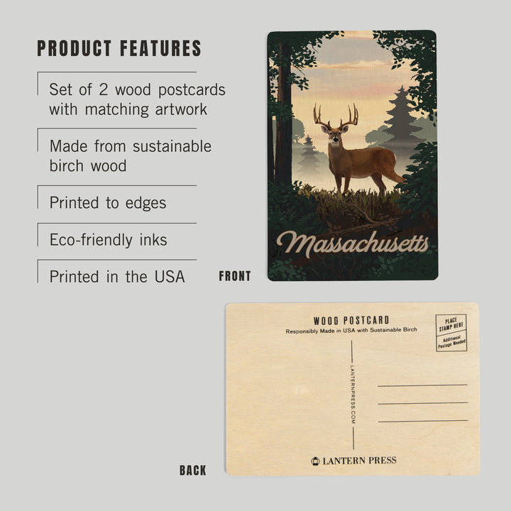Massachusetts, Painterly, Deer and Sunrise, Wood Sign and Postcards