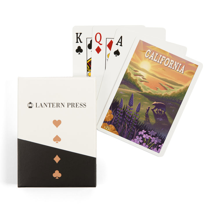 Playing Cards, California, Bear and Spring Flowers, Lithograph, 52 Card Deck with Jokers in Box, Unique Art