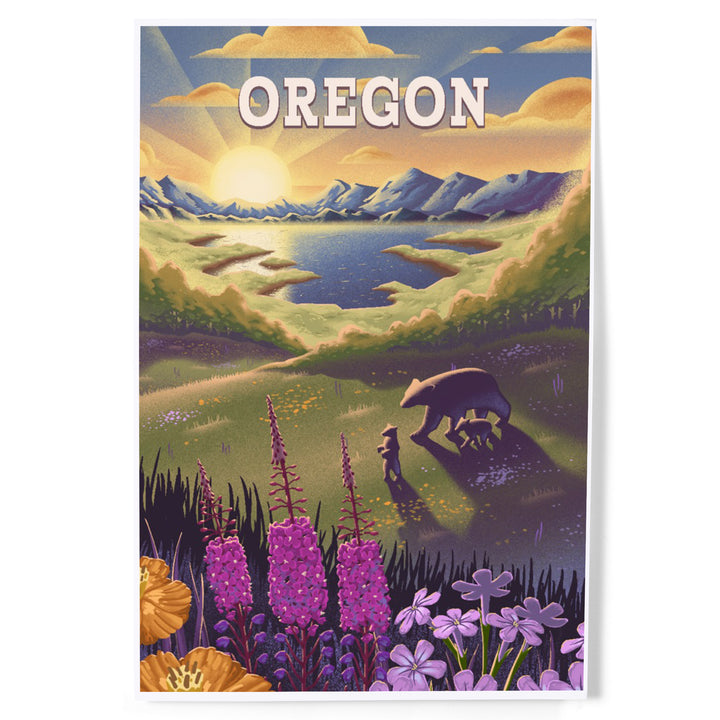 Oregon, Bear and Spring Flowers, Lithograph, Art & Giclee Prints