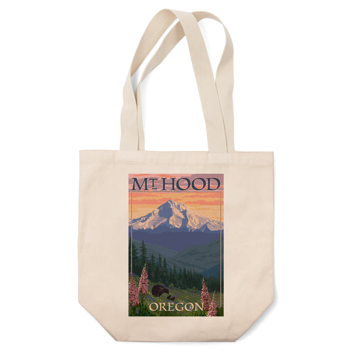 Mt. Hood, Oregon, Bear Family & Spring Flowers, Lantern Press Artwork, Tote Bag