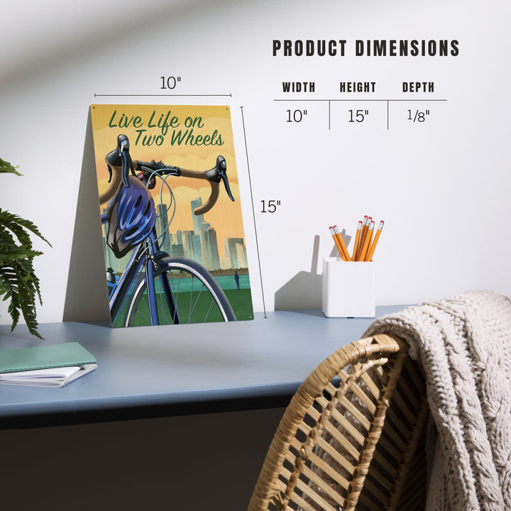 Live Life on Two Wheels, Bicycle and City, Lithograph, Wood Signs and Postcards