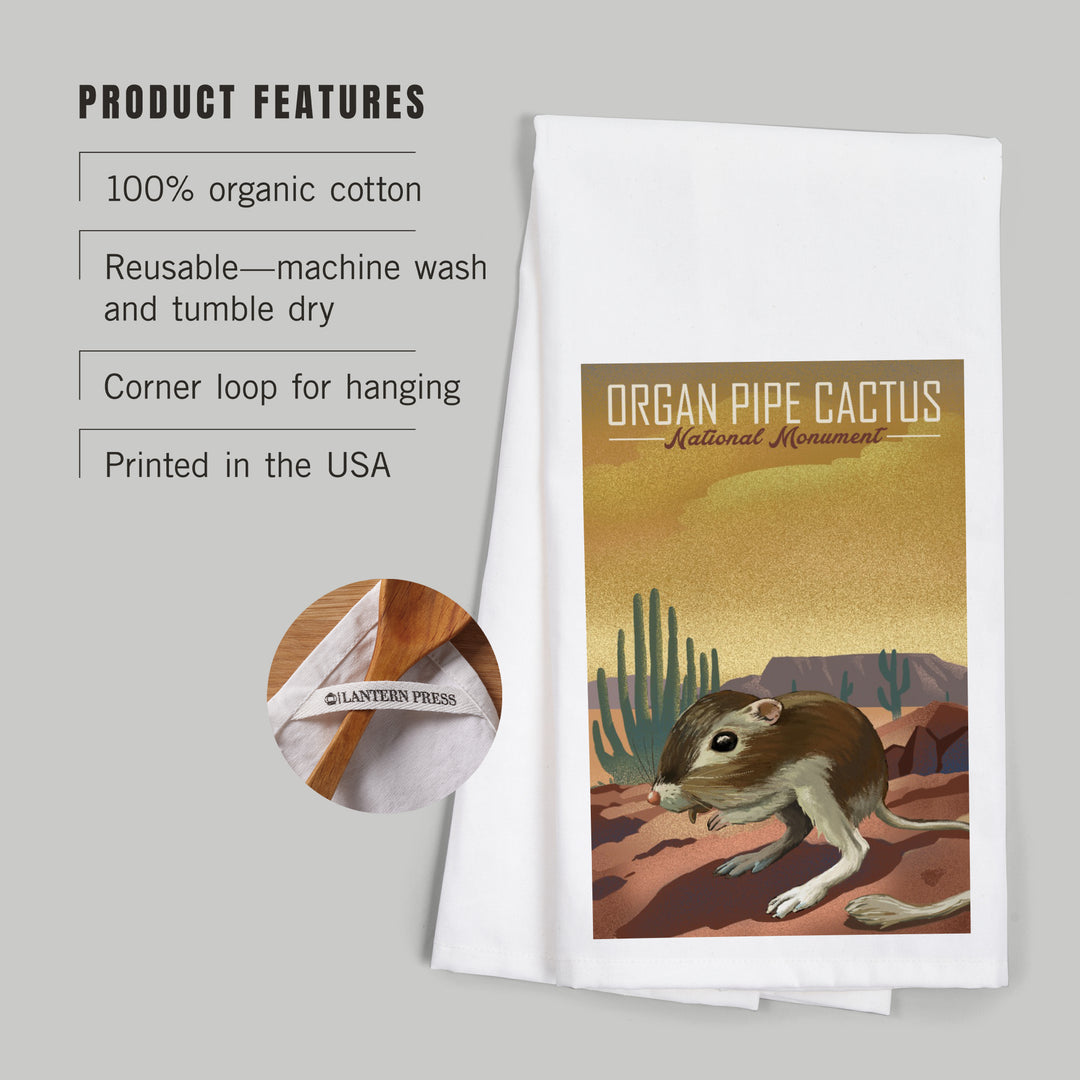 Organ Pipe Cactus National Monument, Arizona, Kangaroo Rat, Lithograph, Organic Cotton Kitchen Tea Towels