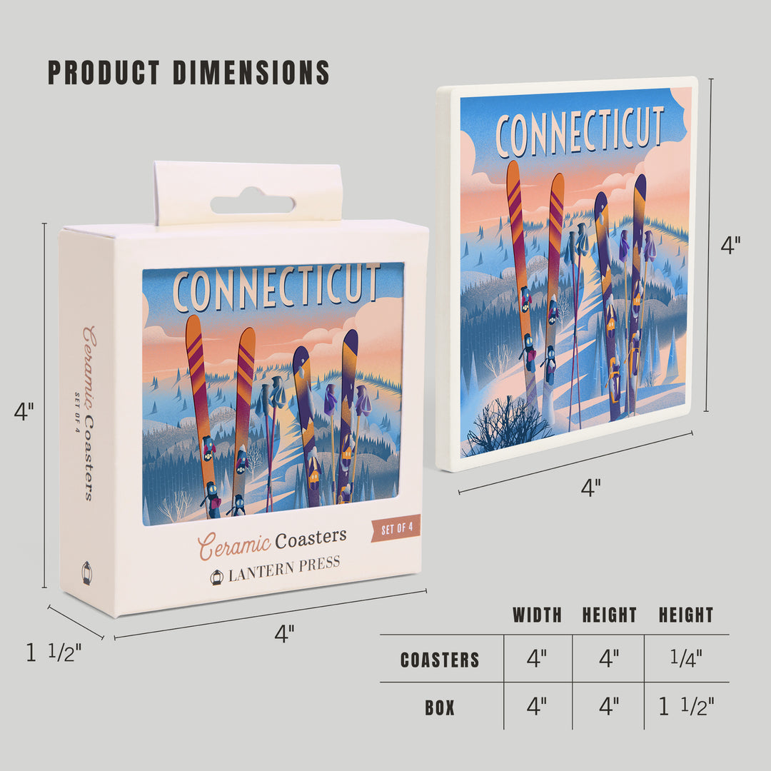 Connecticut, Prepare for Takeoff, Skis in Snowbank ceramic coaster set