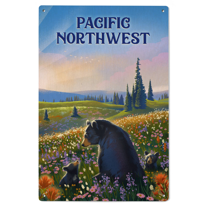 Pacific Northwest, Lithograph, Bear Family in Field, Wood Signs and Postcards